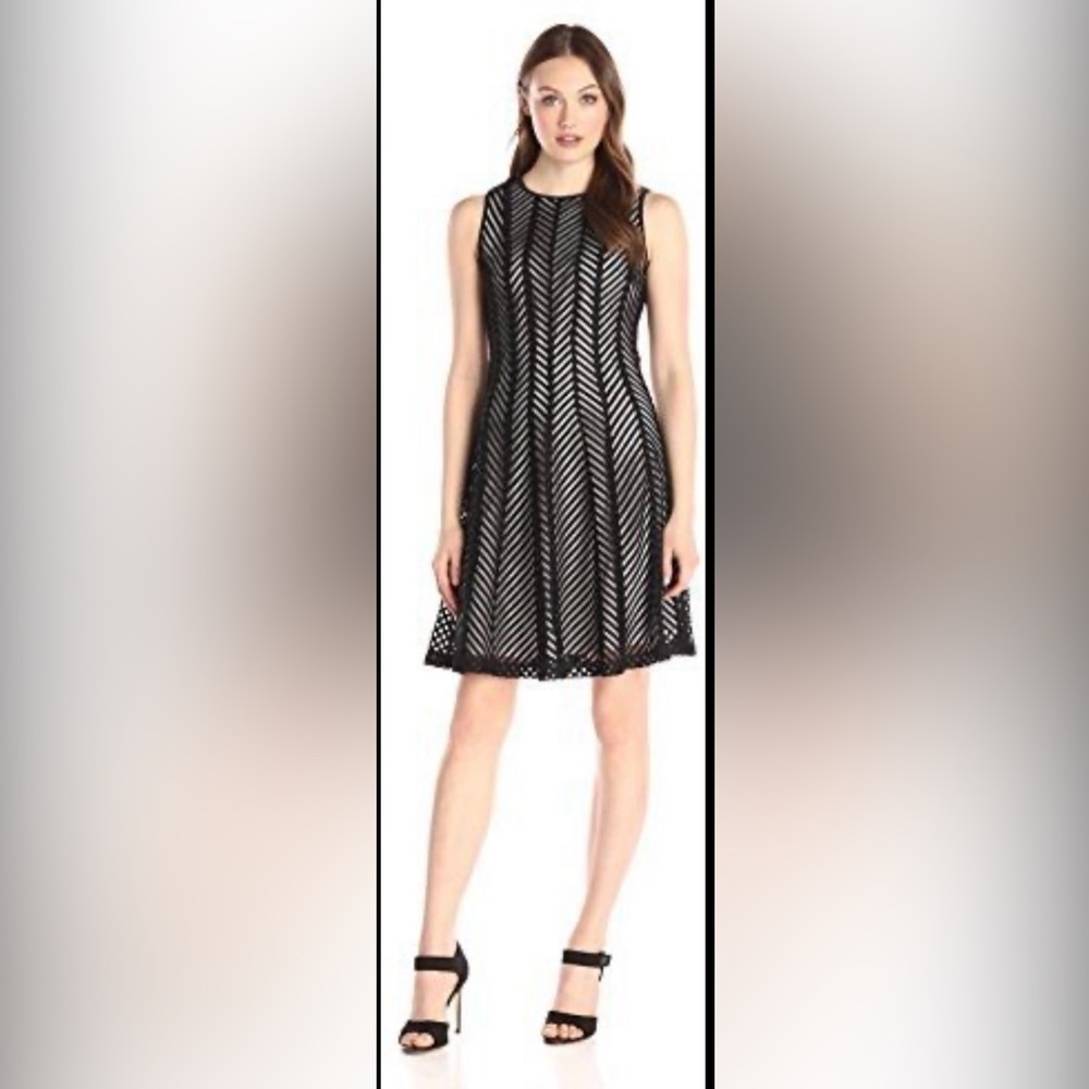 Calvin Klein Elegant Black Lace Crochet Chevron Dress sz 8